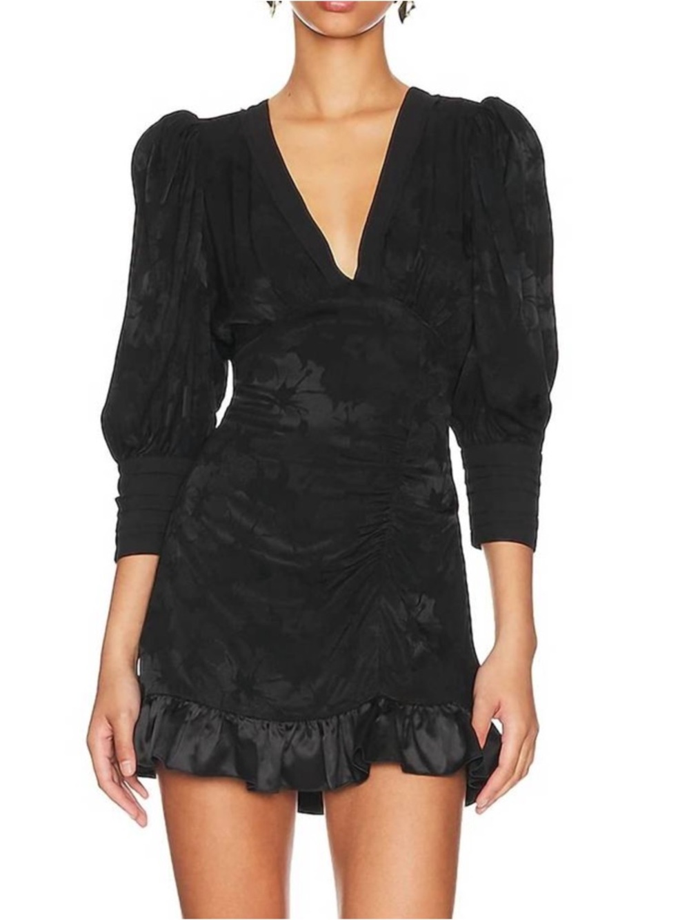 LoveShackFancy Black V-Neck Puff Sleeve Mini Dress with Ruffle Hem